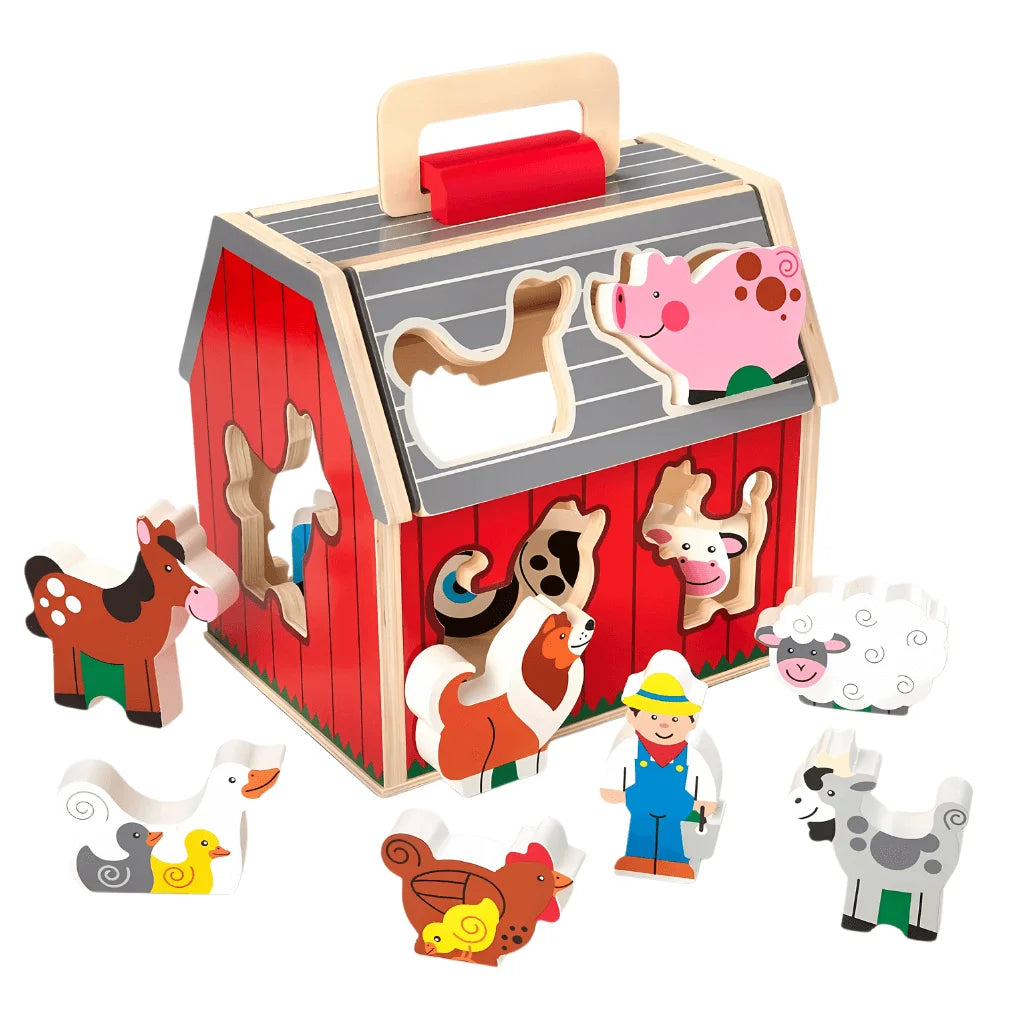 Wooden Farm House Toy With 10 Play Pieces, Shape Sorting and Stacking Learning Toy
