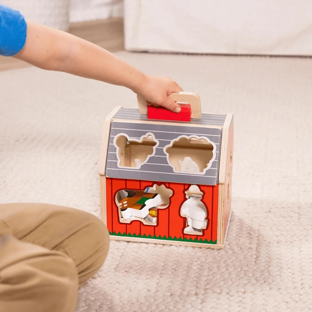 Wooden Farm House Toy With 10 Play Pieces, Shape Sorting and Stacking Learning Toy