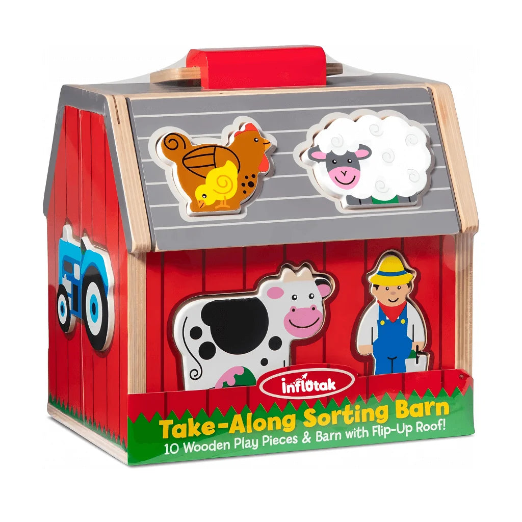 Wooden Farm House Toy With 10 Play Pieces, Shape Sorting and Stacking Learning Toy