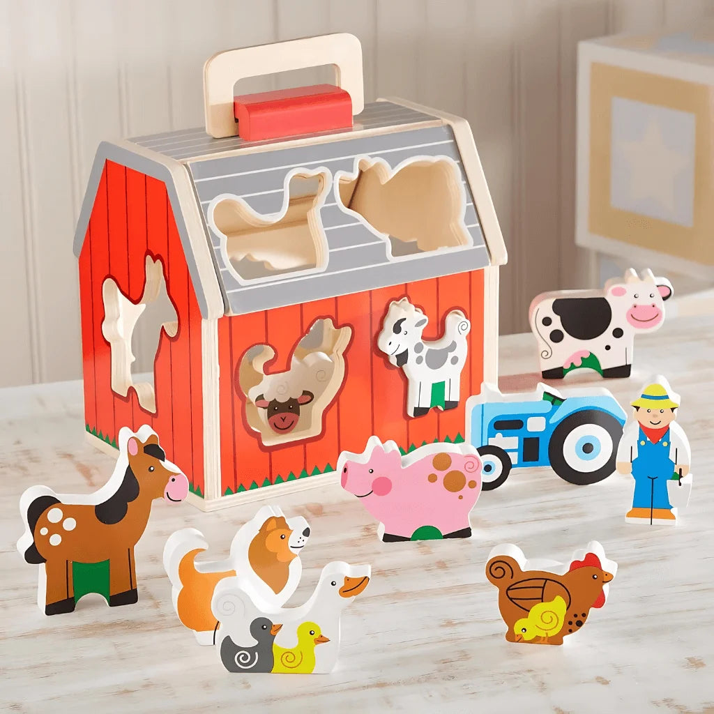 Wooden Farm House Toy With 10 Play Pieces, Shape Sorting and Stacking Learning Toy