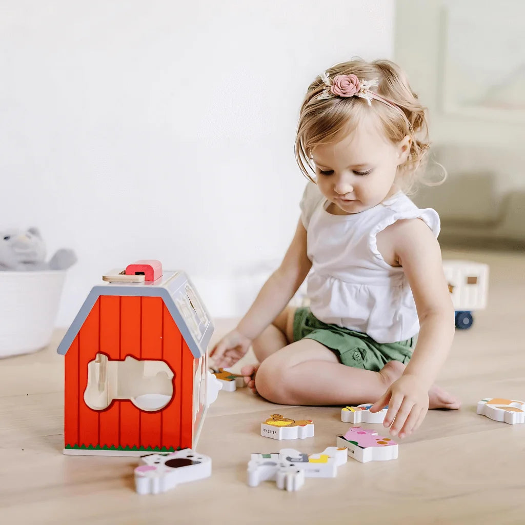 Wooden Farm House Toy With 10 Play Pieces, Shape Sorting and Stacking Learning Toy