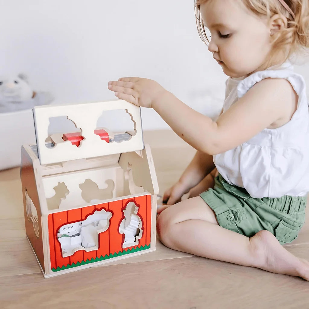 Wooden Farm House Toy With 10 Play Pieces, Shape Sorting and Stacking Learning Toy