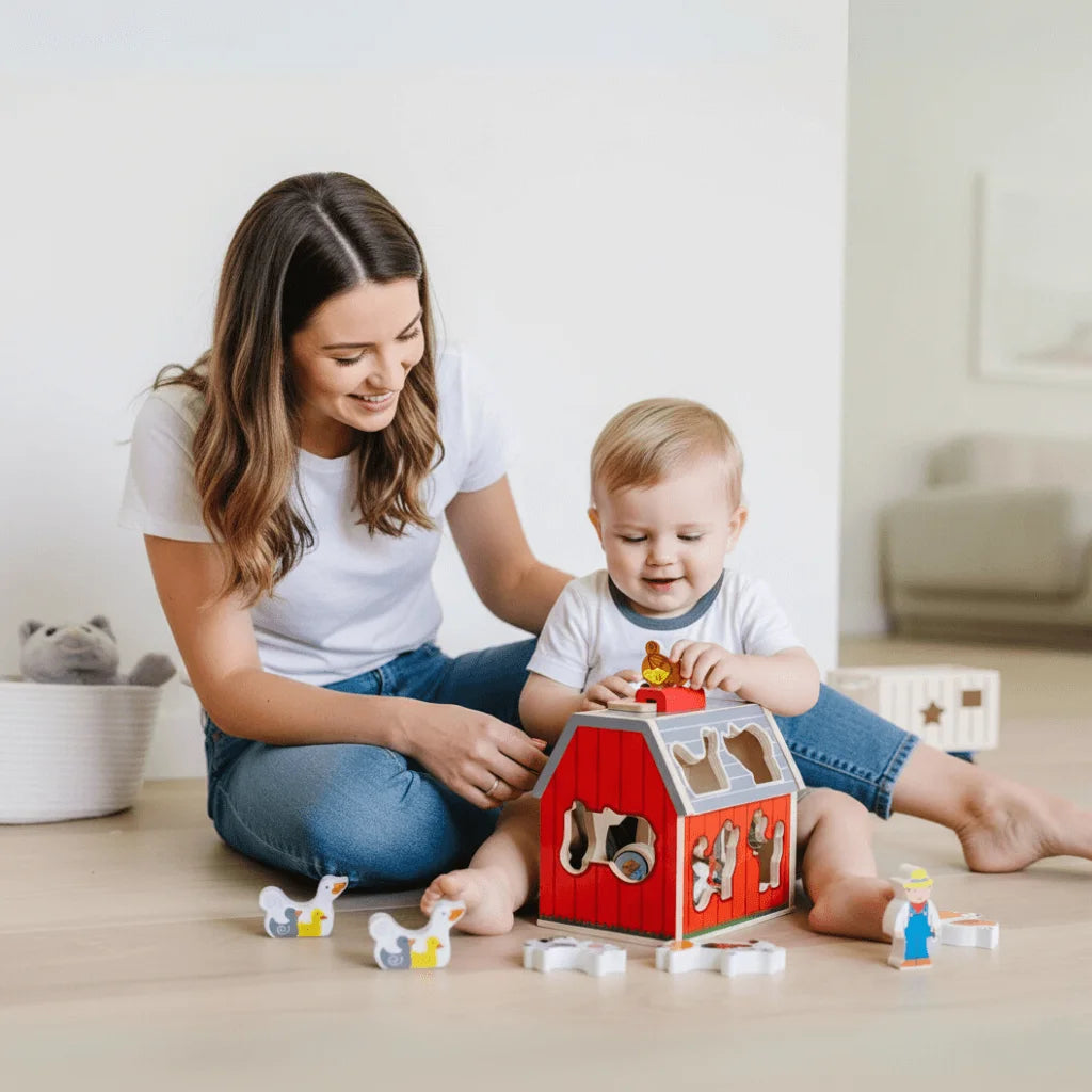Wooden Farm House Toy With 10 Play Pieces, Shape Sorting and Stacking Learning Toy