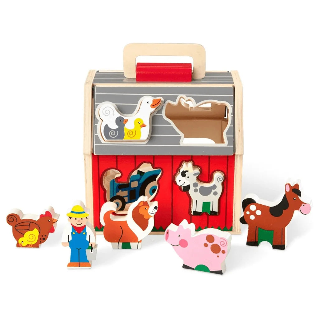 Wooden Farm House Toy With 10 Play Pieces, Shape Sorting and Stacking Learning Toy